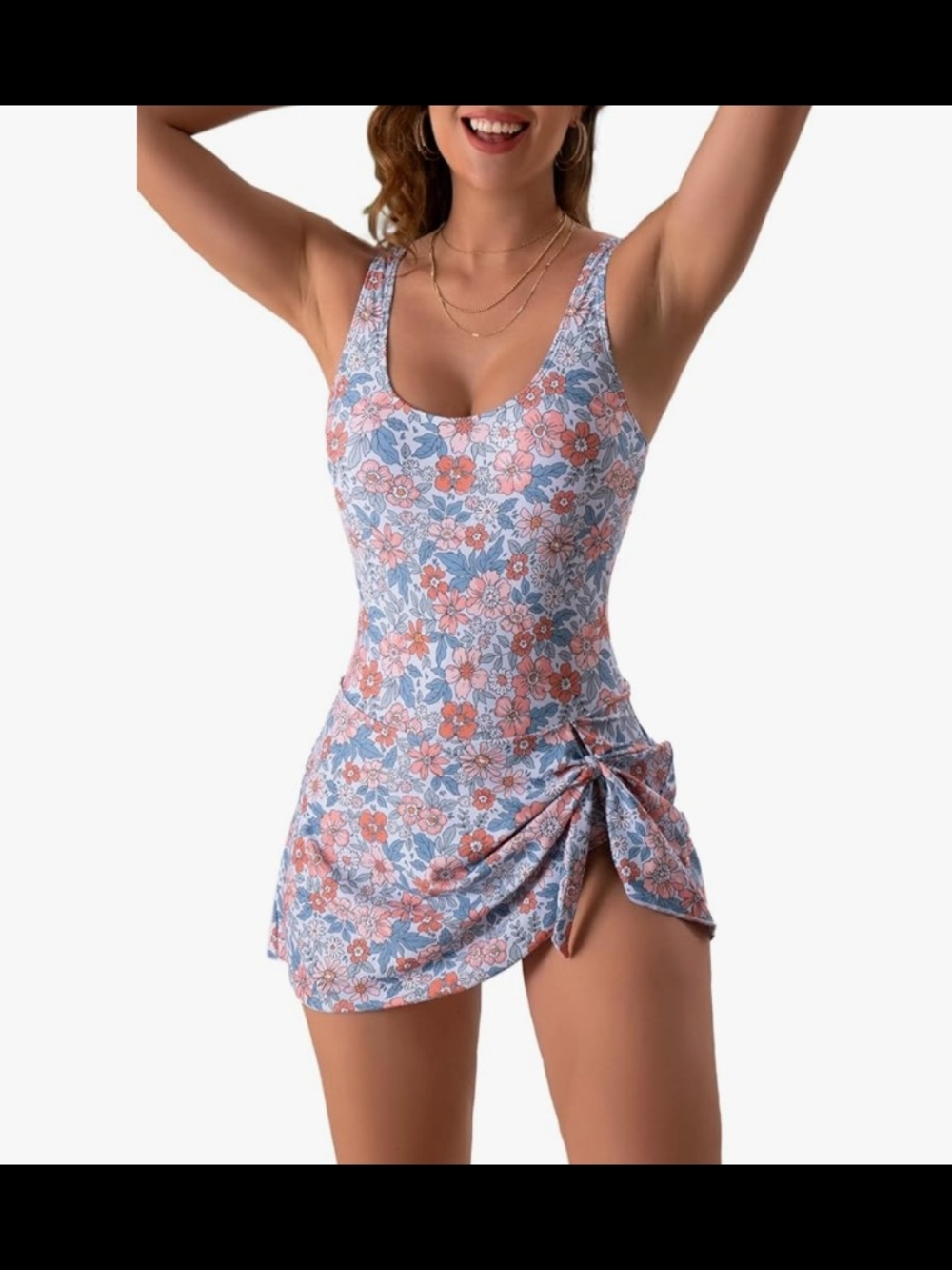 Floral Scoop-Neck One-Piece Swimdress in Blue and Coral